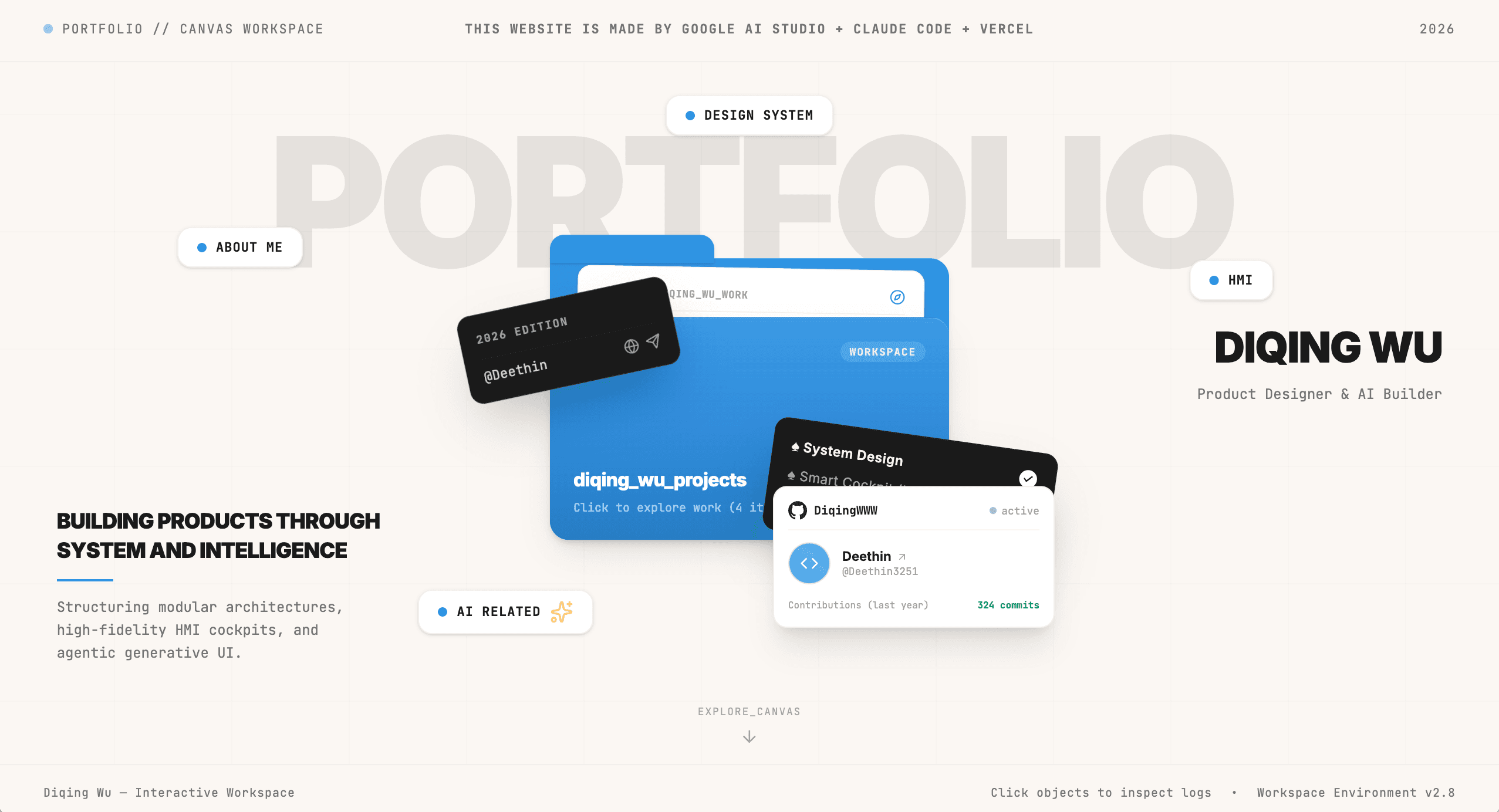 The first working portfolio workspace with tag launchers, a central folder, and identity cards
