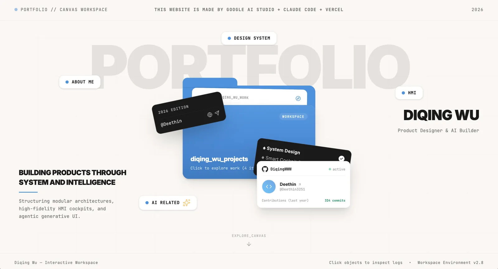 First working portfolio Workspace with tag launchers, central folder, and identity card